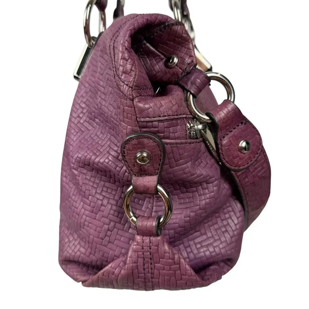 B MAKOWSKY Leather Mulberry Purple Woven Satchel Purse Handbag Y2K Double Handle